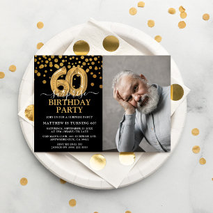 Convites Foto de Aniversário de 60 anos Surpresa Preta e Do