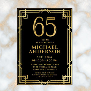 Convites Foto de Aniversário de 65 anos em Preto e Dourado
