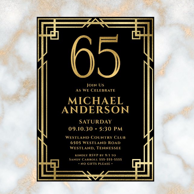 Convites Foto de Aniversário de 65 anos em Preto e Dourado (Criador carregado)
