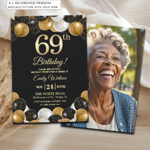Convites Foto de Aniversário de 69 Anos com Brilho Dourado