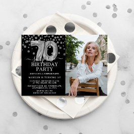 Convites Foto de Aniversário de 70 anos Preta e Prata Moder