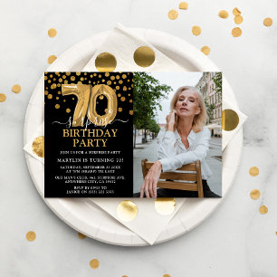 Convites Foto de aniversário de 70 Surpresa Moderna Preta