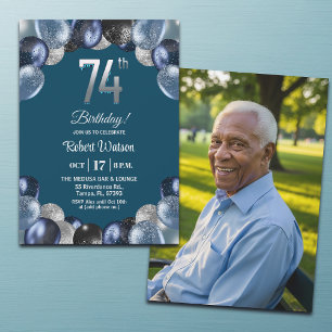 Convites Foto de Aniversário de 74 anos em Azul Elegante co