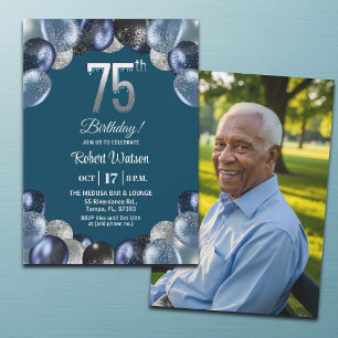 Convites Foto de Aniversário de 75 anos Azul Elegante com B