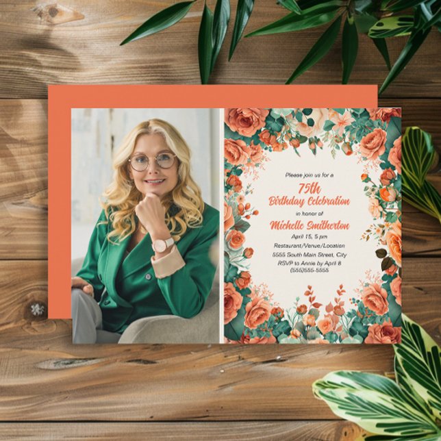 Convites Foto de aniversário de 75 anos com flores laranja  (Orange watercolor floral photo 75th birthday party invitation)