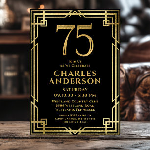 Convites Foto de Aniversário de 75 anos em Preto e Dourado