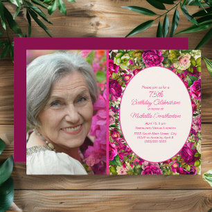 Convites Foto de Aniversário de 75 anos em Rosa Fúcsia Flor
