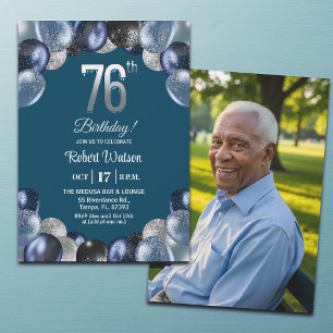Convites Foto de Aniversário de 76 Anos com Brilho Azul Ele