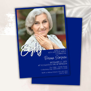 Convites Foto de Aniversário de 80 anos Azul Real