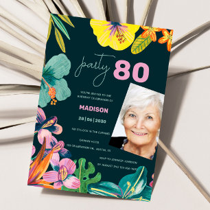 Convites Foto de Aniversário de 80 anos com Floral Tropical