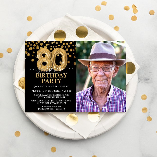 Convites Foto de Aniversário de 80 anos Surpresa Preta e Do (Criador carregado)