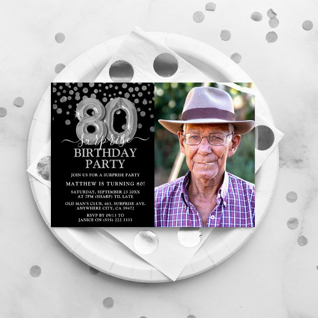 Convites Foto de Aniversário de 80 anos Surpresa Preta e Pr (Criador carregado)