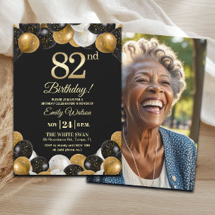 Convites Foto de Aniversário de 82 anos com Brilho Preto e 