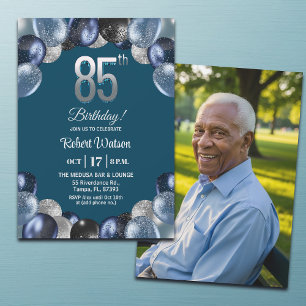 Convites Foto de Aniversário de 85 anos Azul Elegante com B