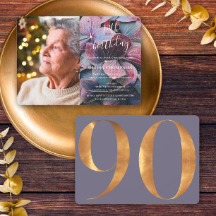 Convites Foto de Aniversário de 90 anos com Hortênsias Dour