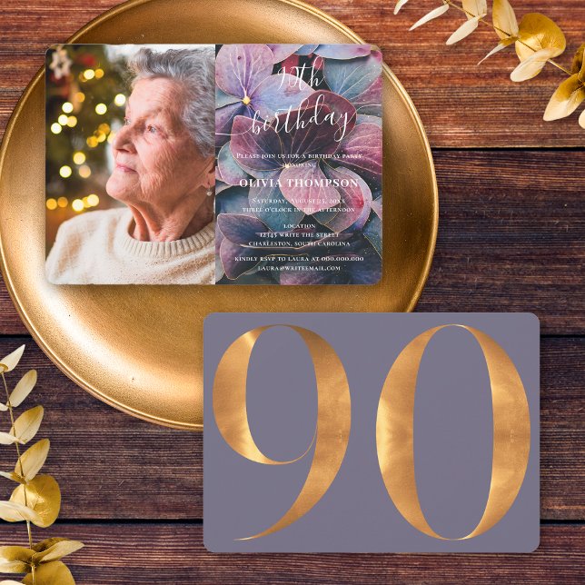 Convites Foto de Aniversário de 90 anos com Hortênsias Dour (Front / Back)