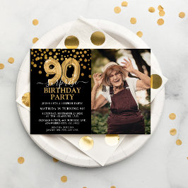 Convites Foto de Aniversário de 90 anos Surpresa Preta e Do