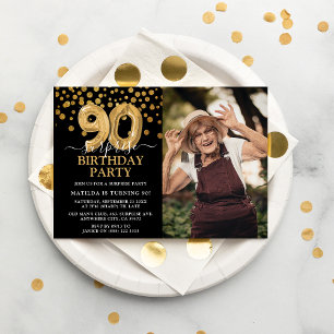 Convites Foto de aniversário de 90 Surpresa Moderna Preta