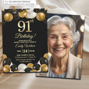 Convites Foto de Aniversário de 91 anos com Brilho Preto e