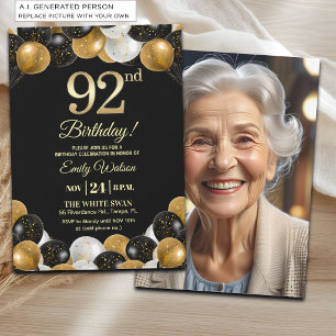 Convites Foto de Aniversário de 92 Anos com Brilho Preto e