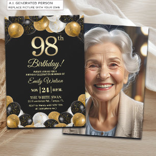 Convites Foto de Aniversário de 98 anos com Brilho Preto e