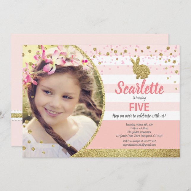 Convites Foto de aniversário de Bunny Gold (Frente/Verso)