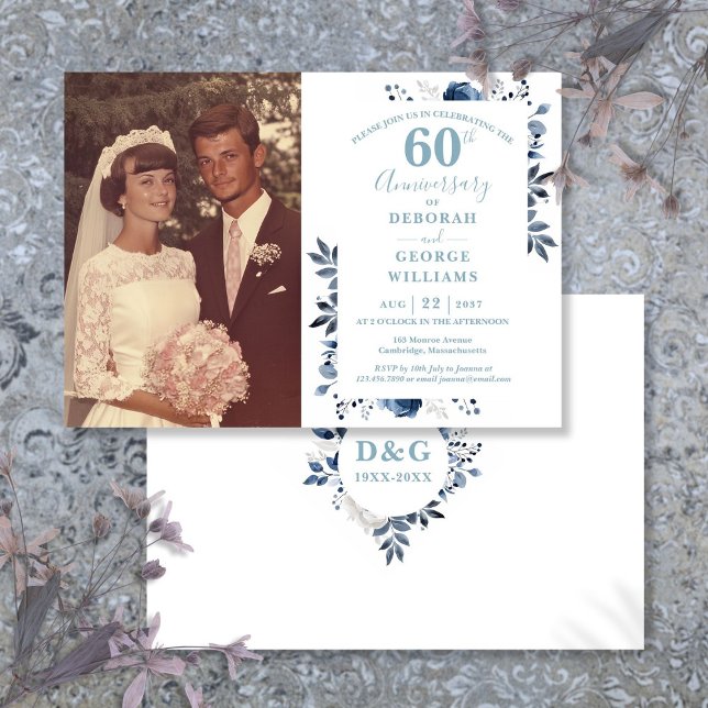 Convites Foto de aniversário de casamento de 60 anos com fl (Elegant Floral 60th Wedding Anniversary Photo Invitation)