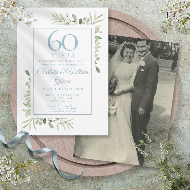 Convites Foto de Aniversário de Casamento de Diamante 60º c (60th Diamond Wedding Anniversary Photo Greenery Invitation)