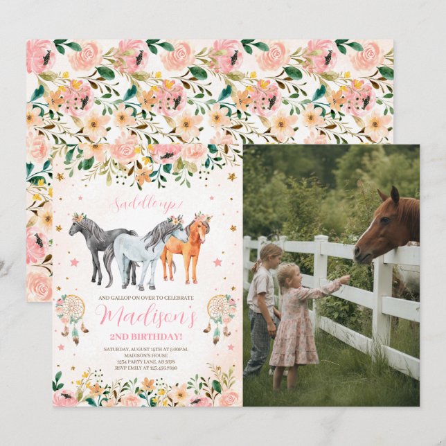 Convites Foto de Aniversário de Cavalo Floral (Frente/Verso)