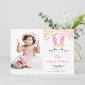 Convites Foto de aniversário de coelhinhos cor-de-rosa e ou