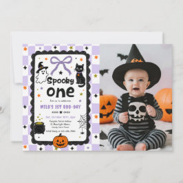 Convites Foto de Aniversário de Halloween Gingham Spooky On