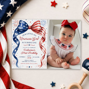 Convites Foto de aniversário de menina americana Red White 
