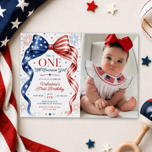 Convites Foto de aniversário de menina americana Red White 