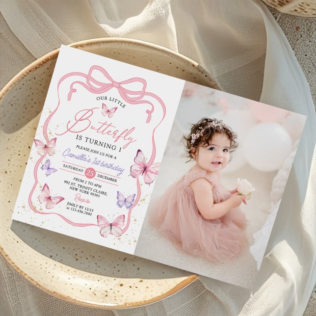 Convites Foto de Aniversário de Menina com Borboleta e Laço (Criador carregado)