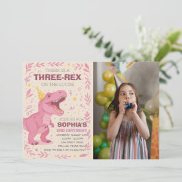 Convites Foto de Aniversário de Menina com Três Dinossauros