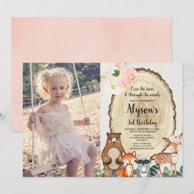 Convites Foto de aniversário de menina floral rustic (Frente/Verso)