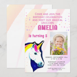 Convites Foto de Aniversário de Menina Mágica Unicórnio Fof