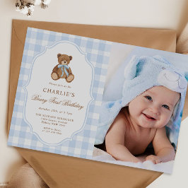 Convites Foto de aniversário de menino minimalista azul Urs