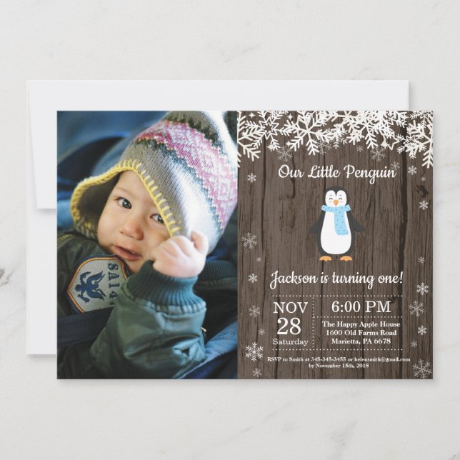 Convites Foto de Aniversário de Menino Pinguim Rústico de I (Frente)