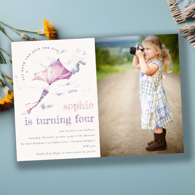 Convites Foto de Aniversário de Nuvens Céus Cinzentos, Rosa (Criador carregado)