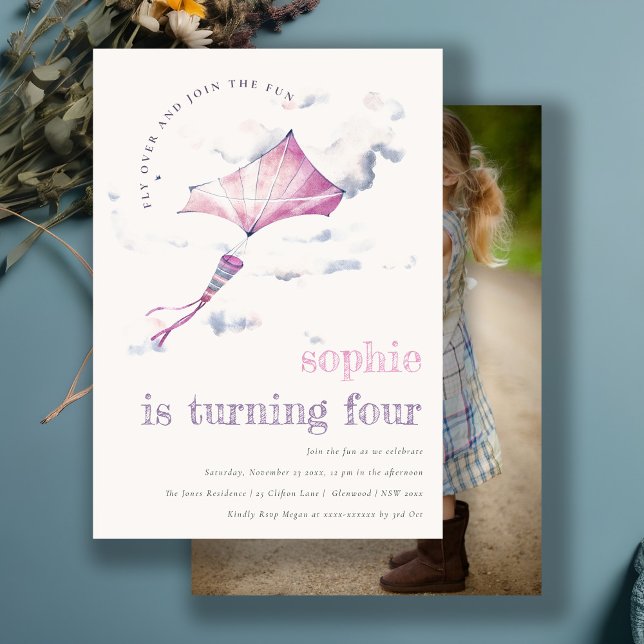 Convites Foto de Aniversário de Nuvens Céus Cinzentos, Rosa (Criador carregado)