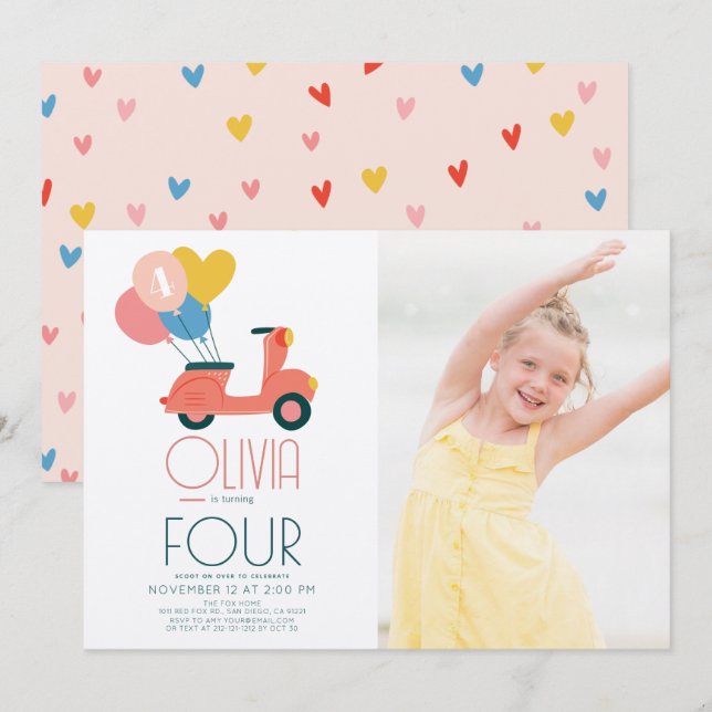 Convites Foto de aniversário de Patinete rosa de balões de  (Frente/Verso)