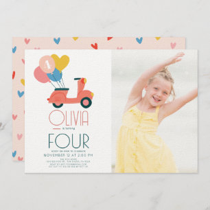 Convites Foto de aniversário de Patinete rosa de balões de