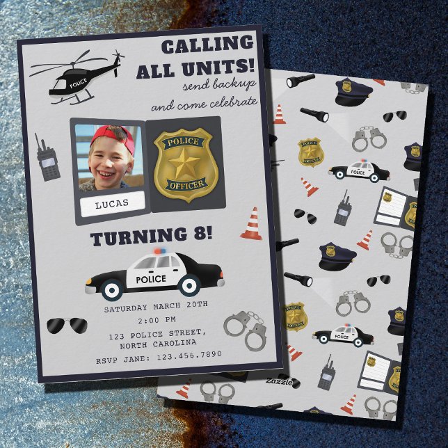 Convites Foto de Aniversário de Policial com Tema Policial (Police Themed Policeman Cop Birthday Photo Invitation)