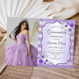 Convites Foto de Aniversário de Quinceanera Floral Purple