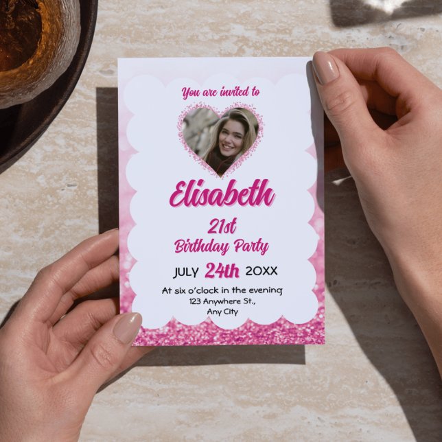 Convites Foto de Aniversário do 15 com brilho rosa e branco (Pink & White Glitter 15th Birthday Photo Invitations - Festive & Feminine Quinceañera/Sweet 15 Party)