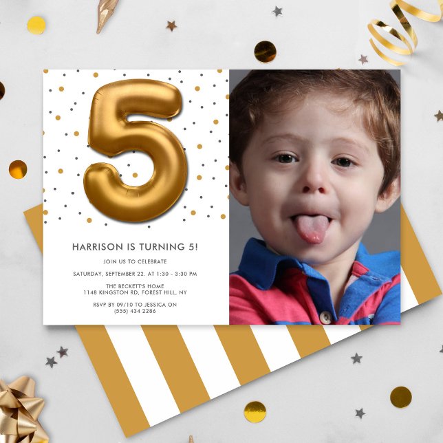 Convites Foto de Aniversário do 5 de Balão de Folha de Ouro (Criador carregado)