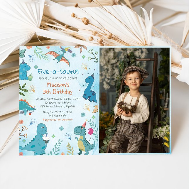 Convites Foto de Aniversário do 5 do Dinossauro Cinto-A-Sau (Criador carregado)