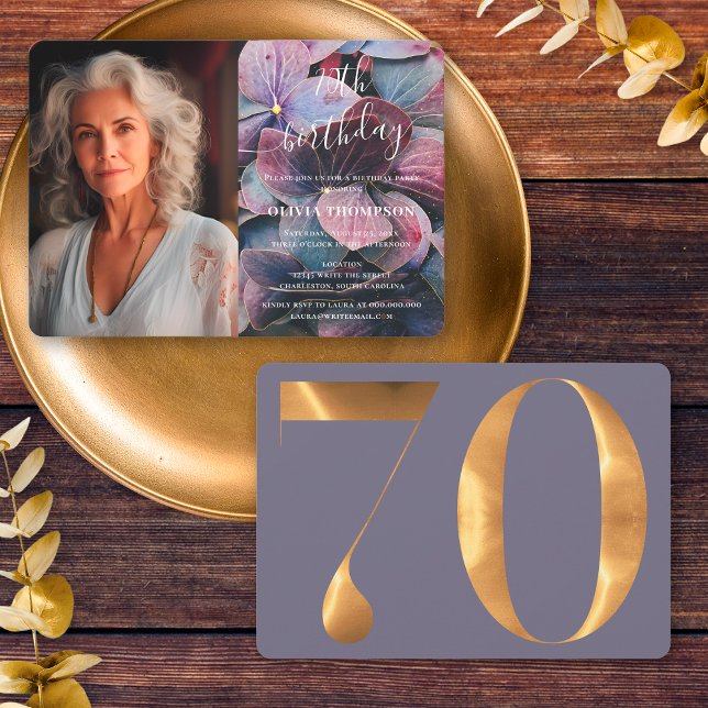 Convites Foto de aniversário do 70 de Hydrangeas Azul Roxo  (Front / Back)