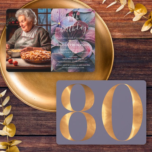 Convites Foto de aniversário do 80 de Hydrangeas Azul Roxo  (Front / Back)